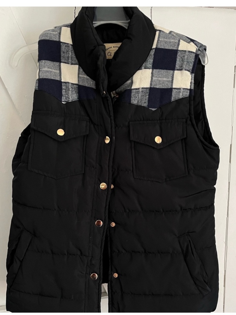 Ci Sono Black Vest with Blue & White Plaid Yoke